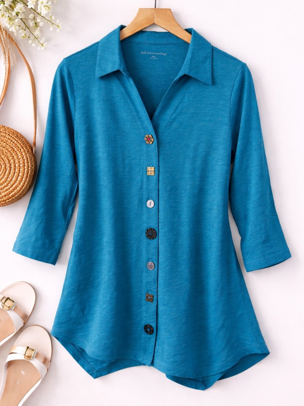 Soft Surroundings Teal Top button down up blouse size small
